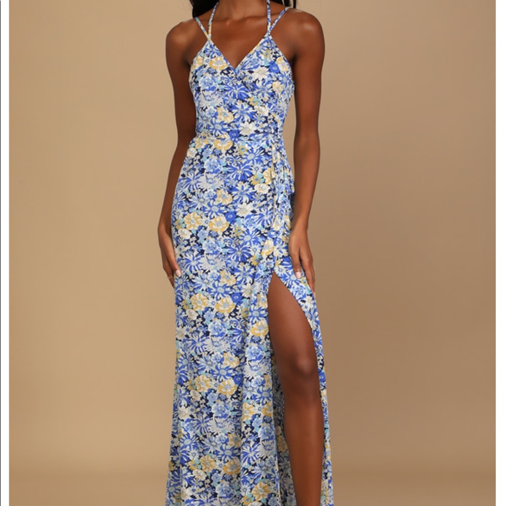 Lulu’s Here To Be Happy Blue Floral Print Wrap Maxi Dress, Medium